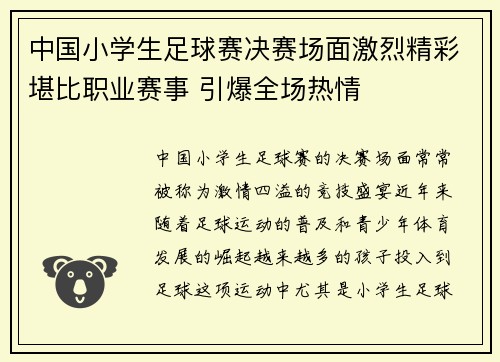 中国小学生足球赛决赛场面激烈精彩堪比职业赛事 引爆全场热情